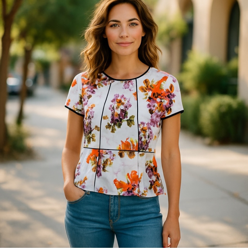 Worthington White peplum floral  Short Sleeve  Blouse, size M. Black piping.